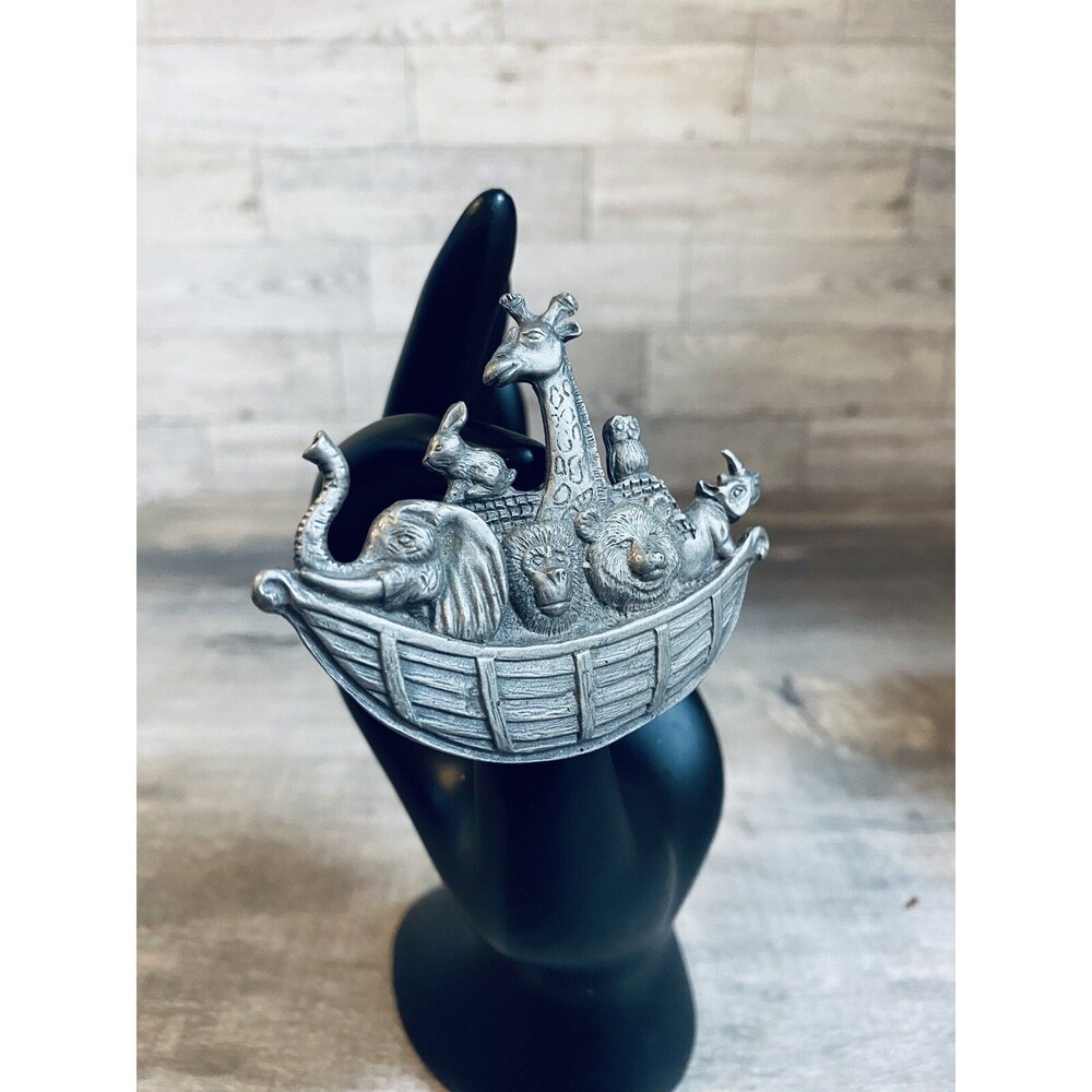 Vintage Signed Spooniques Pewter Noah’s Ark Brooch Giraffe Elephant Boat Christ